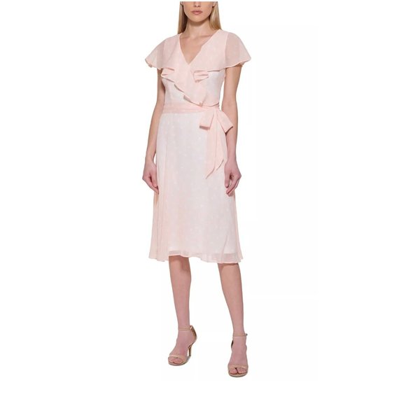 TOMMY HILFIGER Women’s Capelet Ruffled Midi Dress Chiffon Powder Ivory Dot 2 - Picture 1 of 4